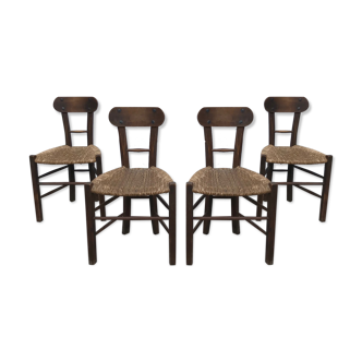 Set de 4 chaises brutalistes bois et corde, art populaire