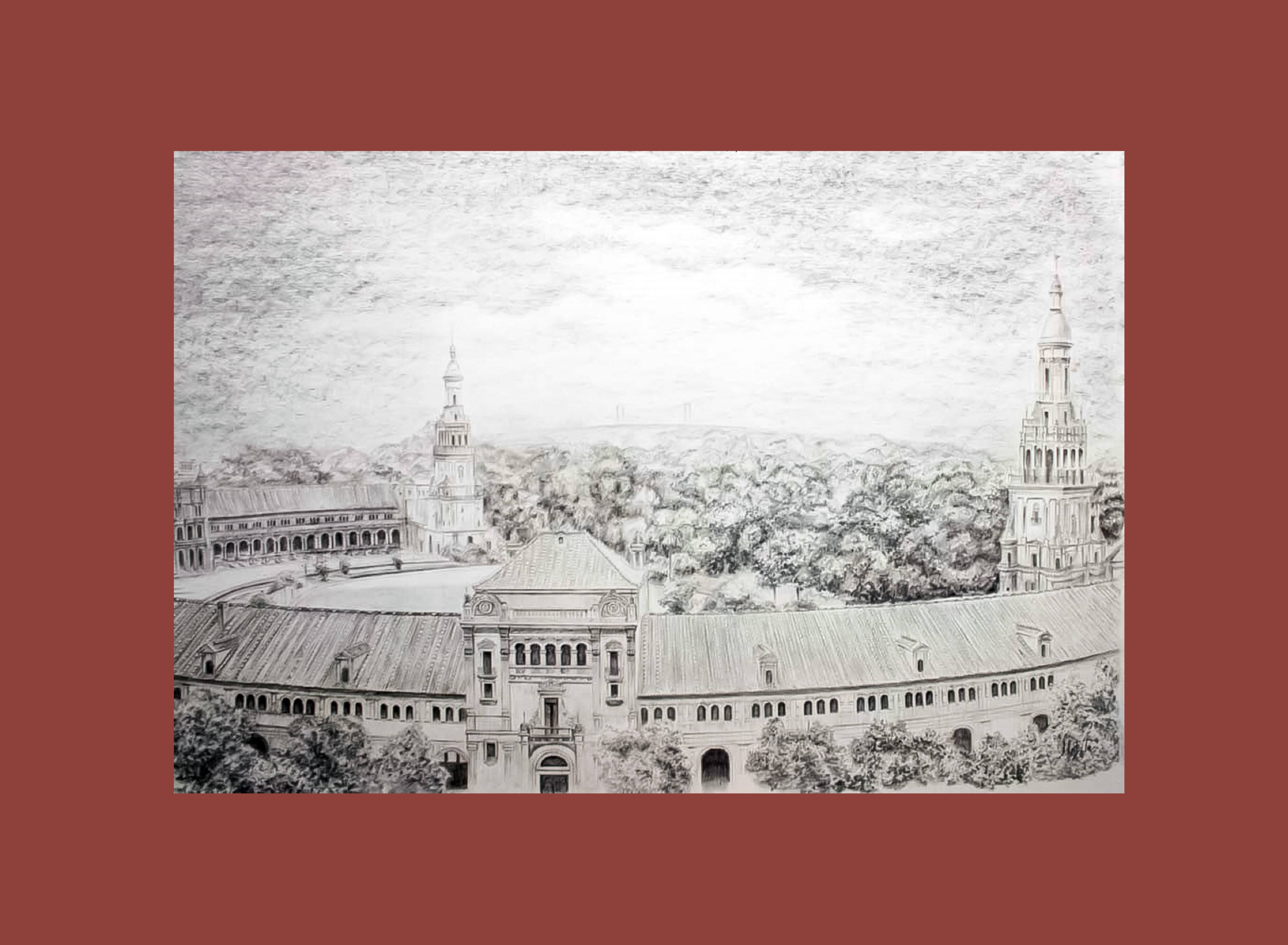 Plaza de España in Seville. Charcoal and graphite drawing. Seville Plaza de España.