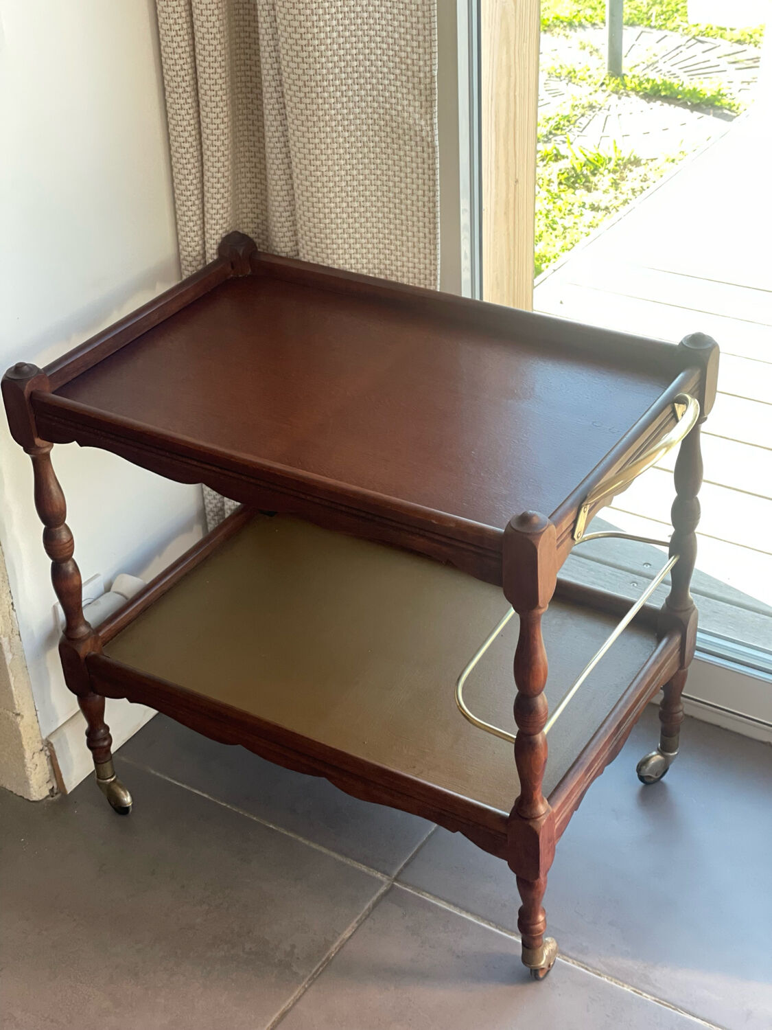 Vintage wooden and gilded brass rolling dessert trolley