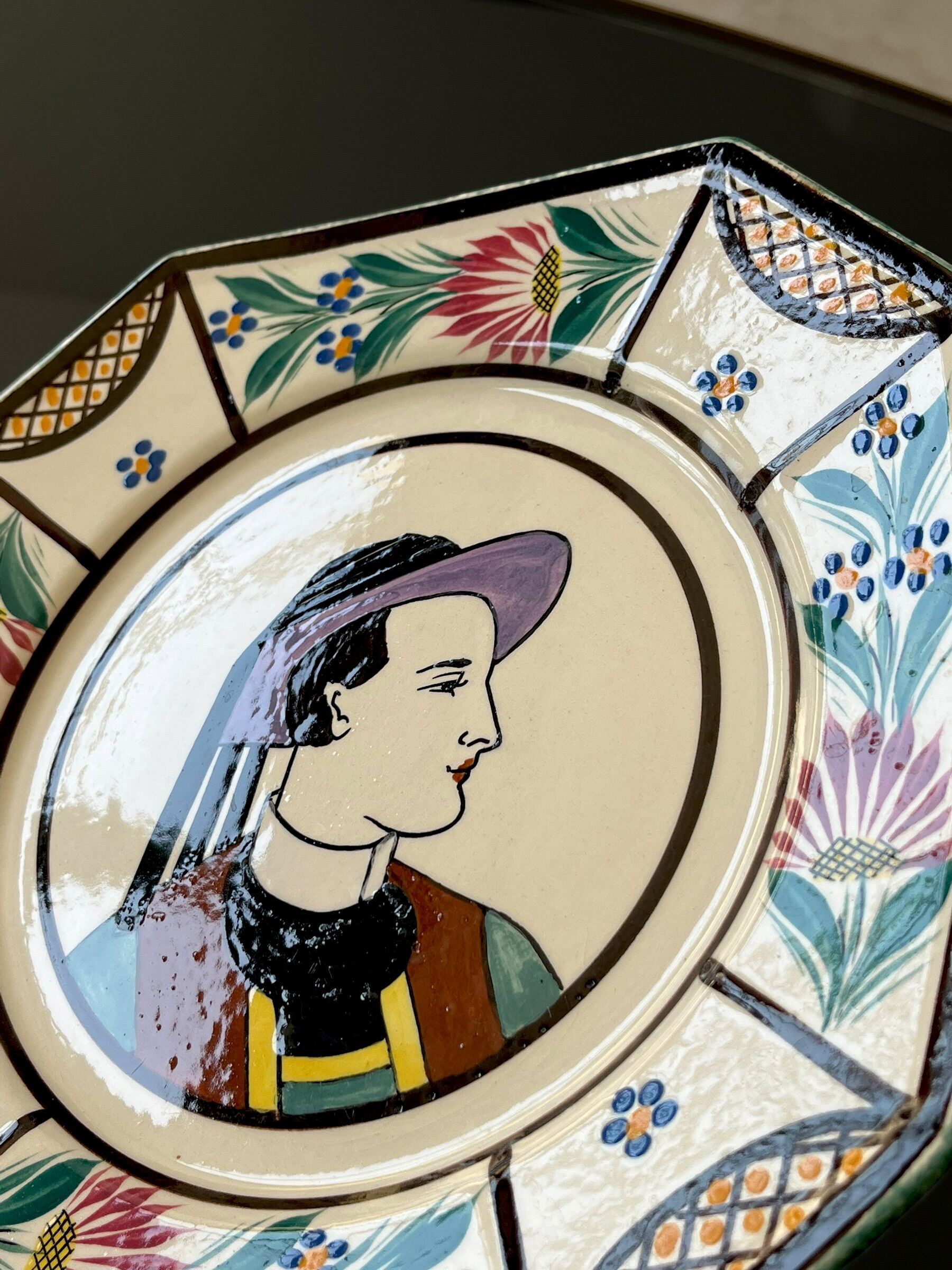 Octagonal plate from Quimper pottery - HB Henriot - Breton character