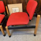 PAIR OF VINTAGE DESIGN ARMCHAIRS FROM THE 80S IN RED AND LIGHT BROS FABRIC
