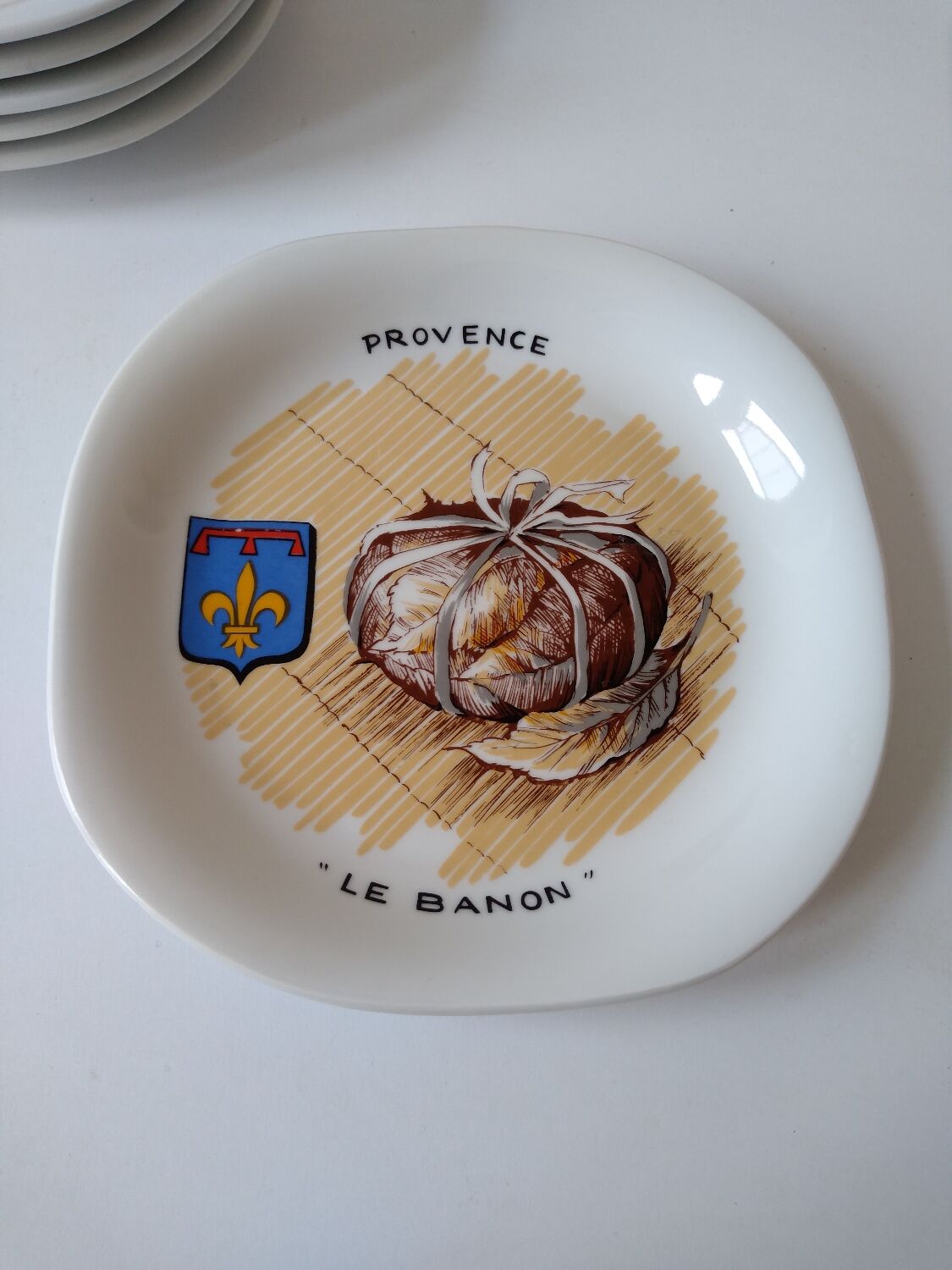 Limoges porcelain cheese service with drawing of regional cheeses and coats of arms 1 tray and 6 plates