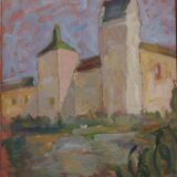 Original Swedish oil on canvas – “Castle” by Karen Heggestad – dated 2002 – vintage & framed – 28 × 33 cm (11.0" × 13.0")