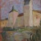 Huile sur toile originale suédoise – « Château » par Karen Heggestad – datée de 2002 – vintage et encadrée – 28 × 33 cm (11,0" × 13,0")