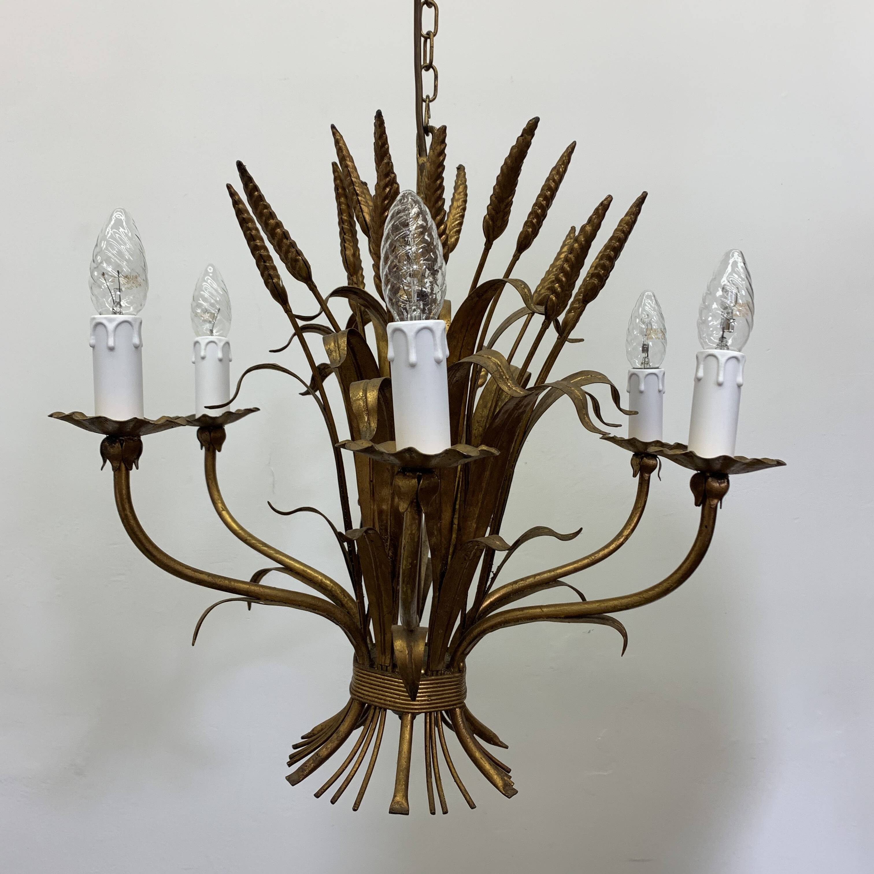 Large wheat sheaf leaf gold gilt chandelier, 1960’s