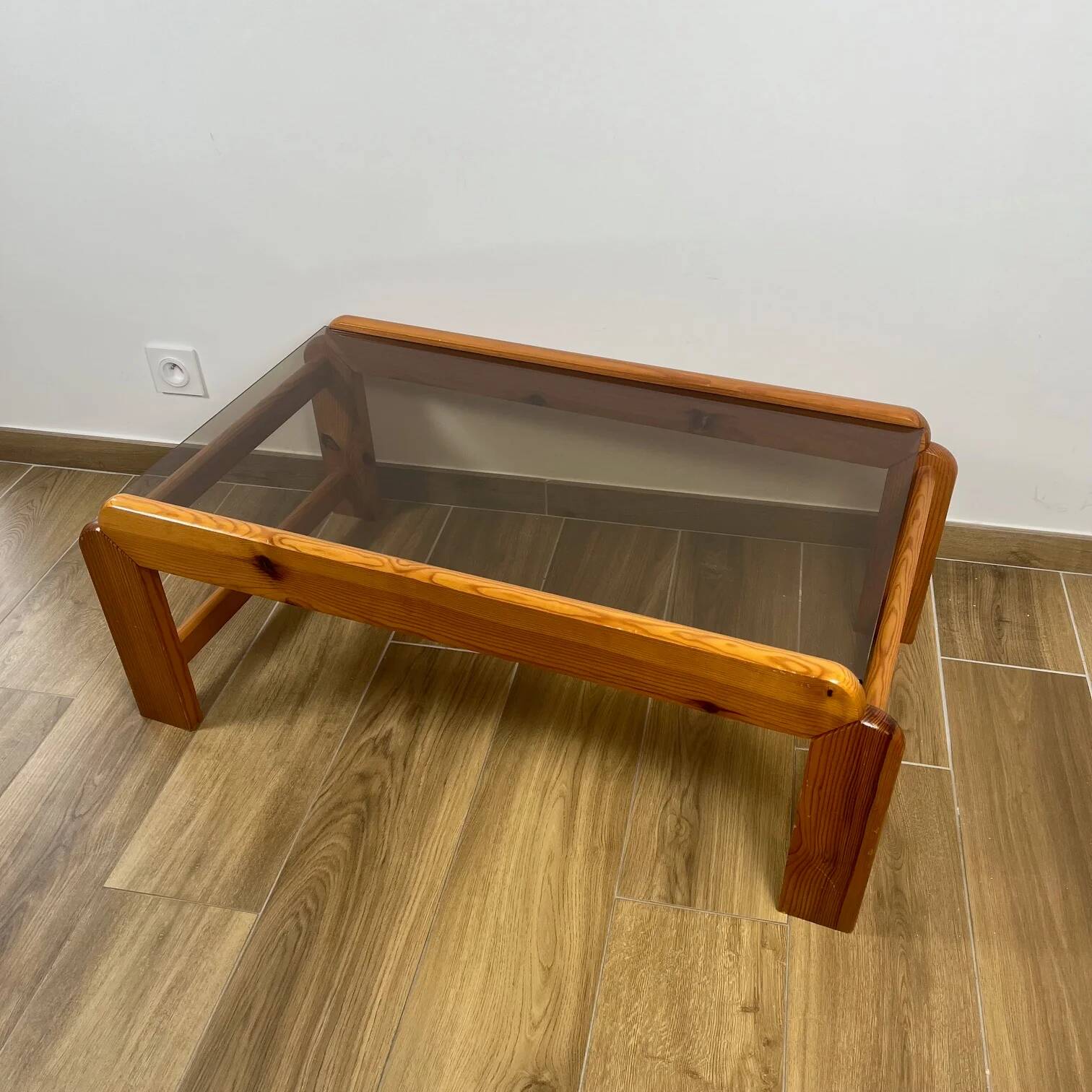 Pine coffee table with smoked glass top, 1970s/80s.