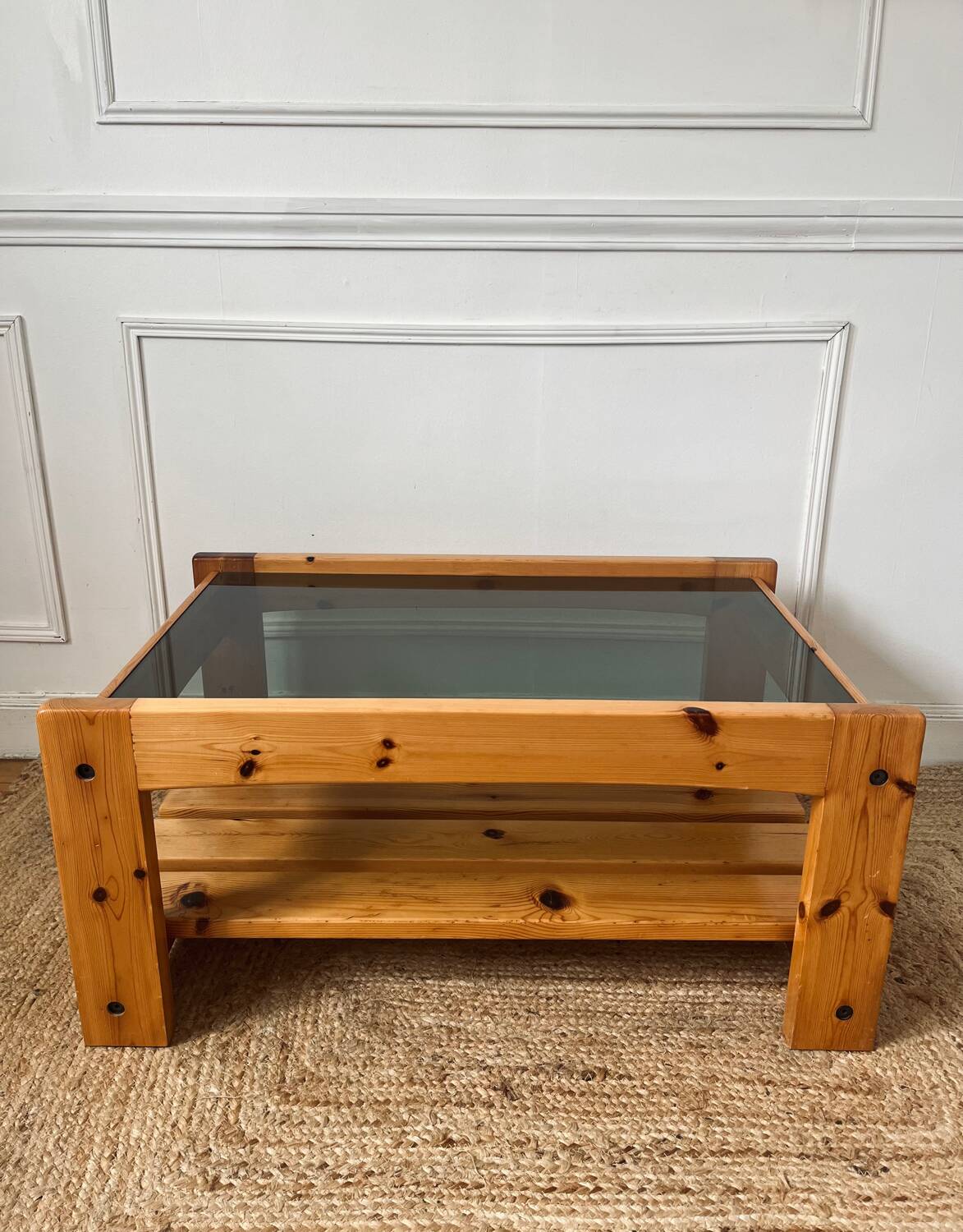 Pine and smoked glass coffee table, 70s-80s