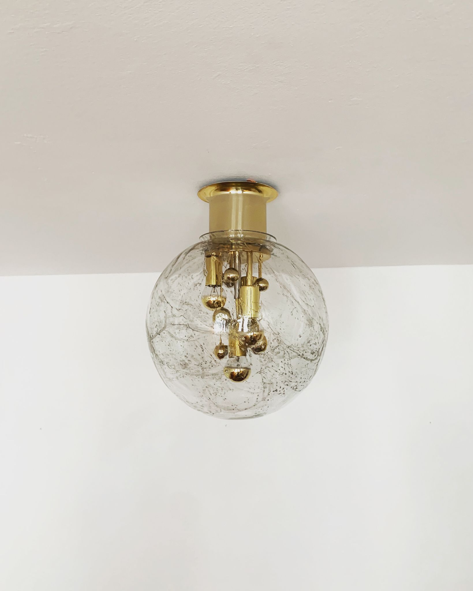 Golden mid-century ice glass ceiling lamp by Doria