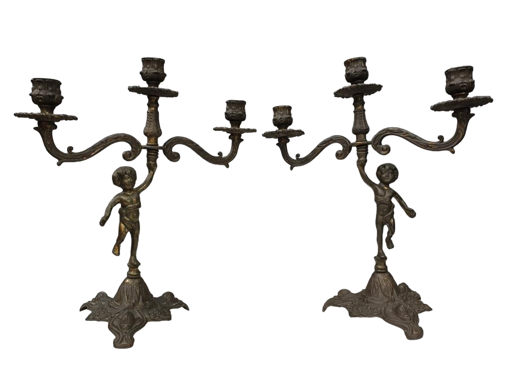 "Il mio bel foco" pair of candlesticks XIXth cherubs 3 torchieres