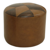 Pouf rond vintage marron motif étoiles skaï années 60