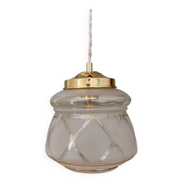 Suspension globe vintage art déco blanc et doré