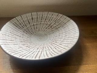 Glazed stoneware soup plate – textured radial decoration – wabi sabi style