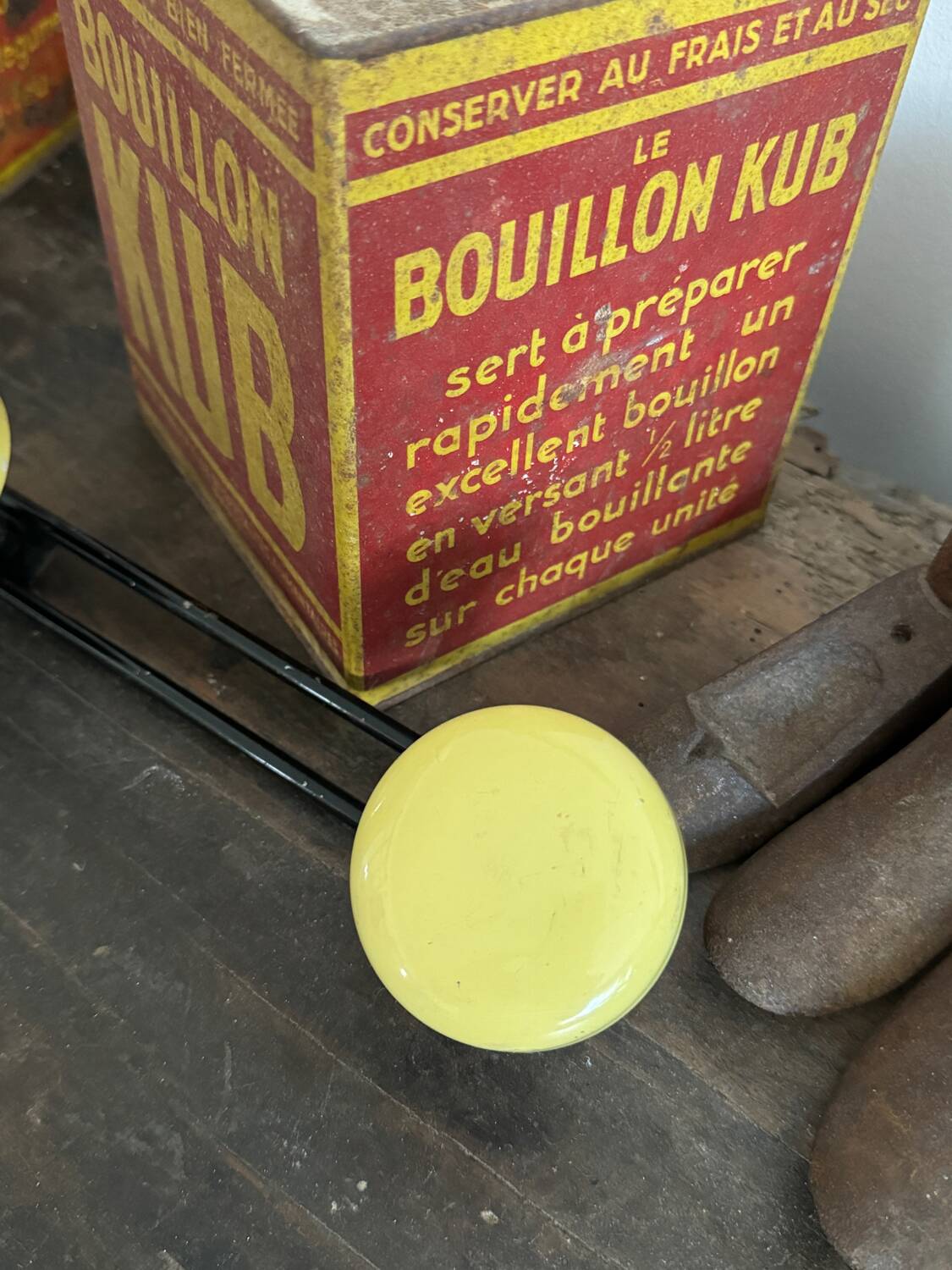 Wall coat rack with 4 vintage yellow metal hooks