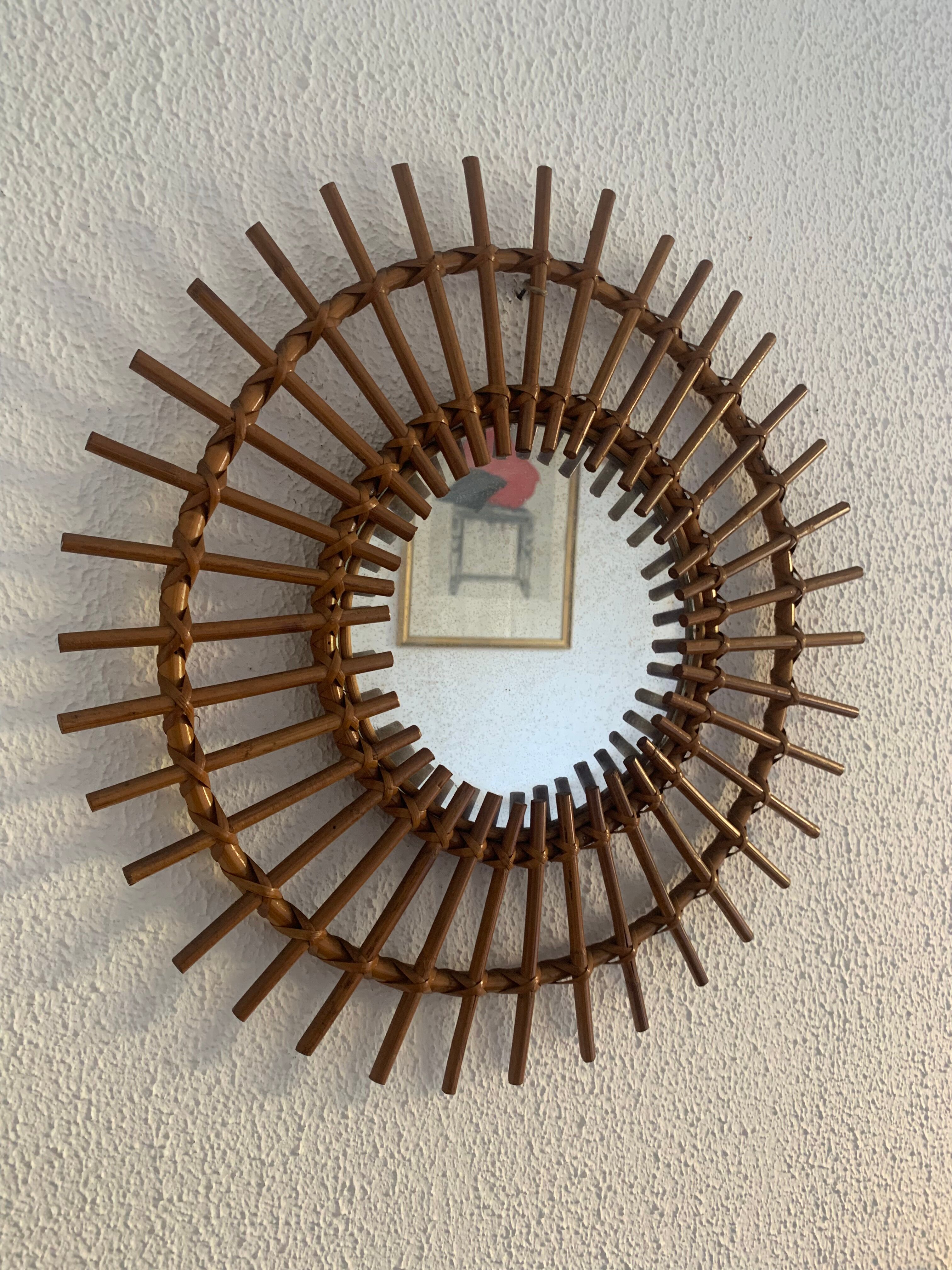 Vintage mirror 1960 rattan wicker sun - 55 cm