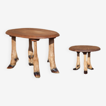 Paire de sellette bois et patte de cerf, duo de petite table, taxidermie, table artisanale