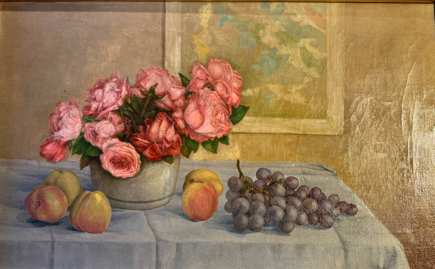 Old painting, Still life or roses and fruits, early 20th century