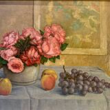 Tableau ancien, Nature morte ou roses et fruits début XX siècle