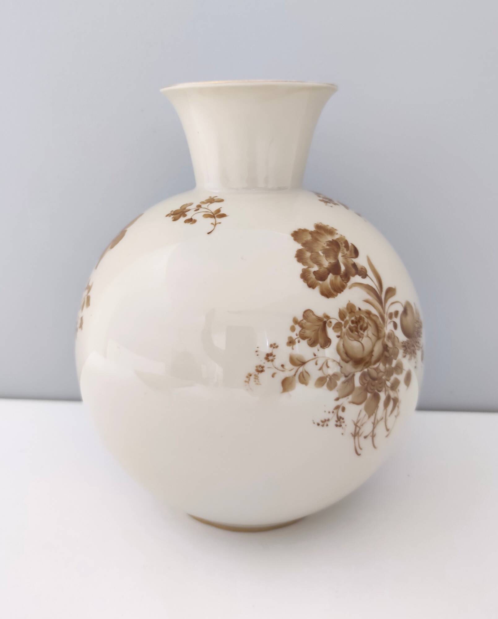 Ivory Ceramic Vase with Brown Floral Details by Rosenthal, Italy