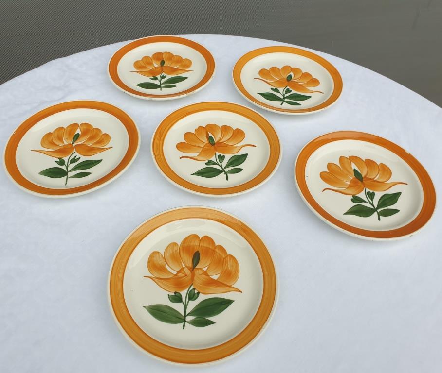 Set 6 plates Gien orange flower 1970 hand-painted decoration