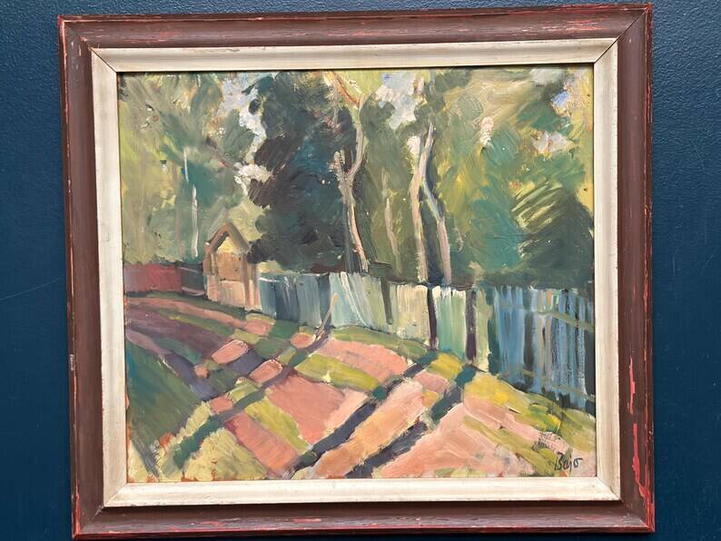 Original Swedish Oil on Panel - "Landscape with Fence" by Bajo - Signed - Vintage and Framed - 58 × 52 cm (22.8" × 20.5")