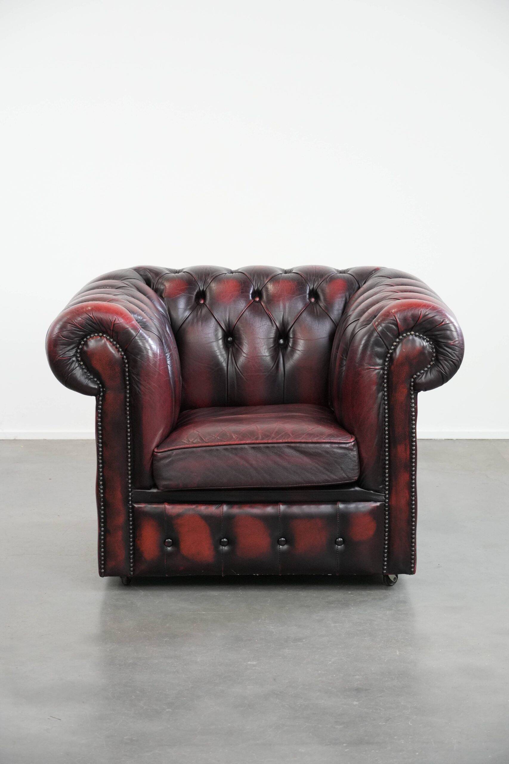 Cowhide leather English chesterfield armchair on wheels