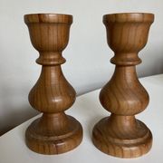 Pair of turned wooden baluster candlesticks, Scandinavian 1970s.