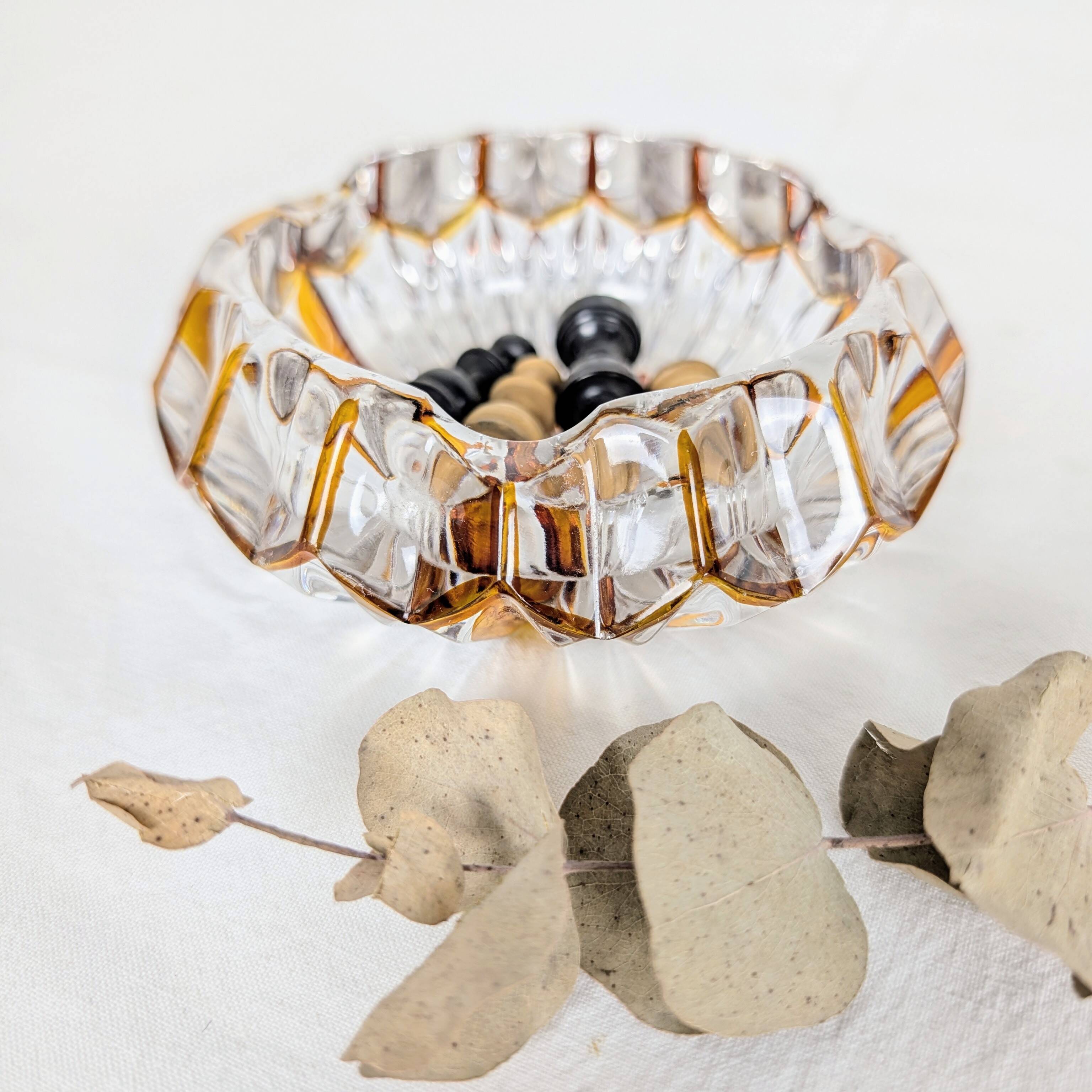 Cut glass ashtray with amber pattern