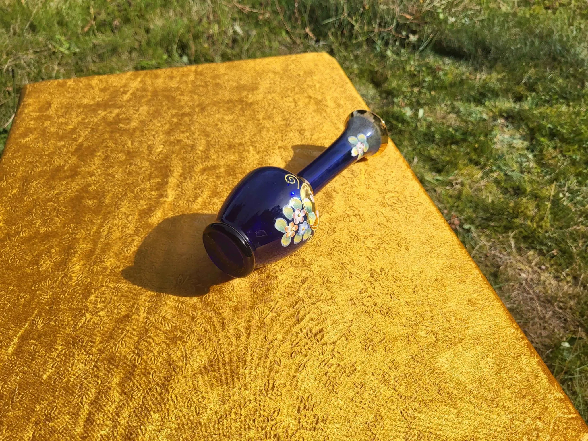 Vintage Bohemian Cobalt Blue Glass Bud Vase | 24K Gold Gilt & Hand-Painted