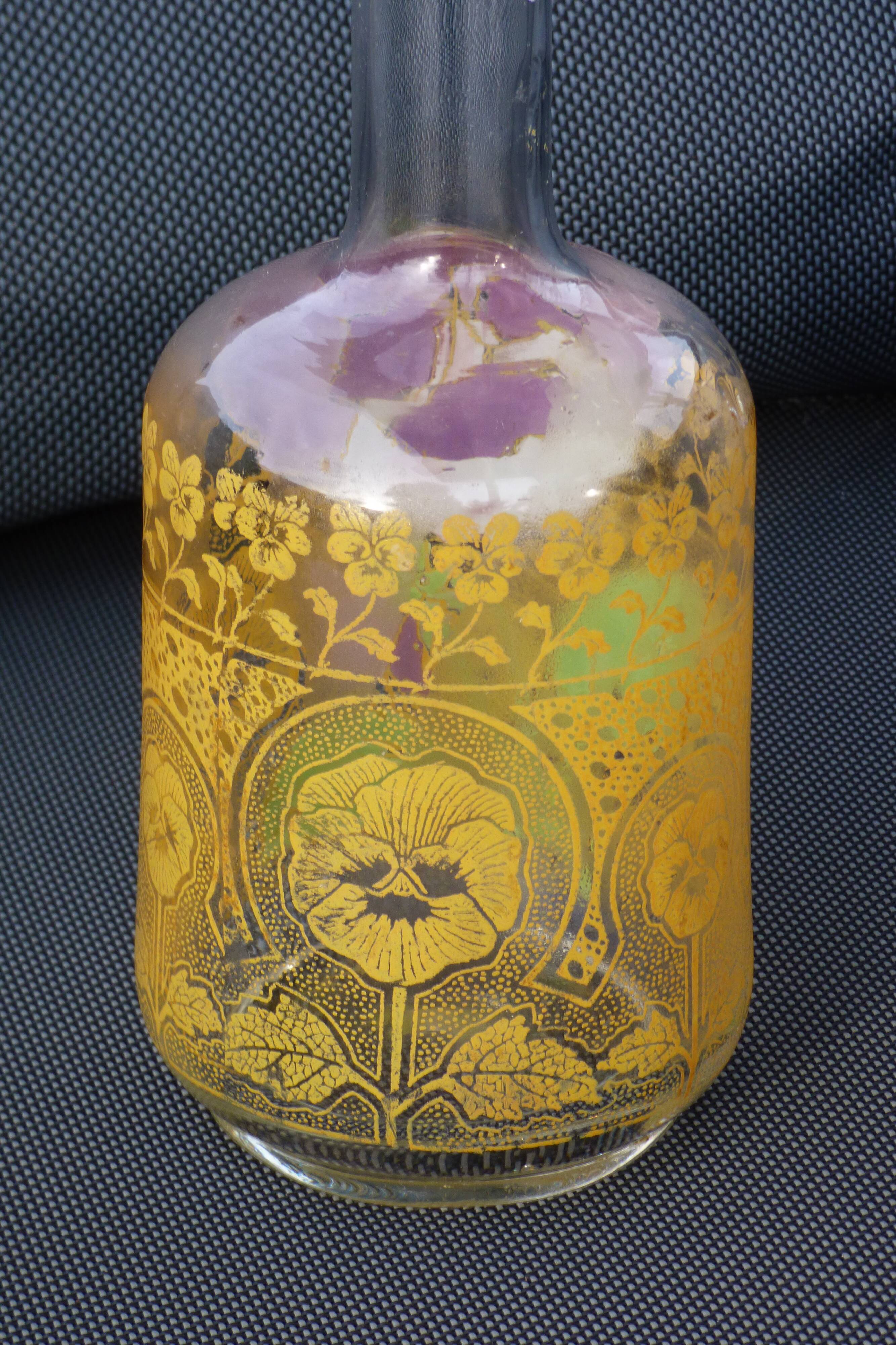 LEGRAS carafe, enamelled with pansy flower.