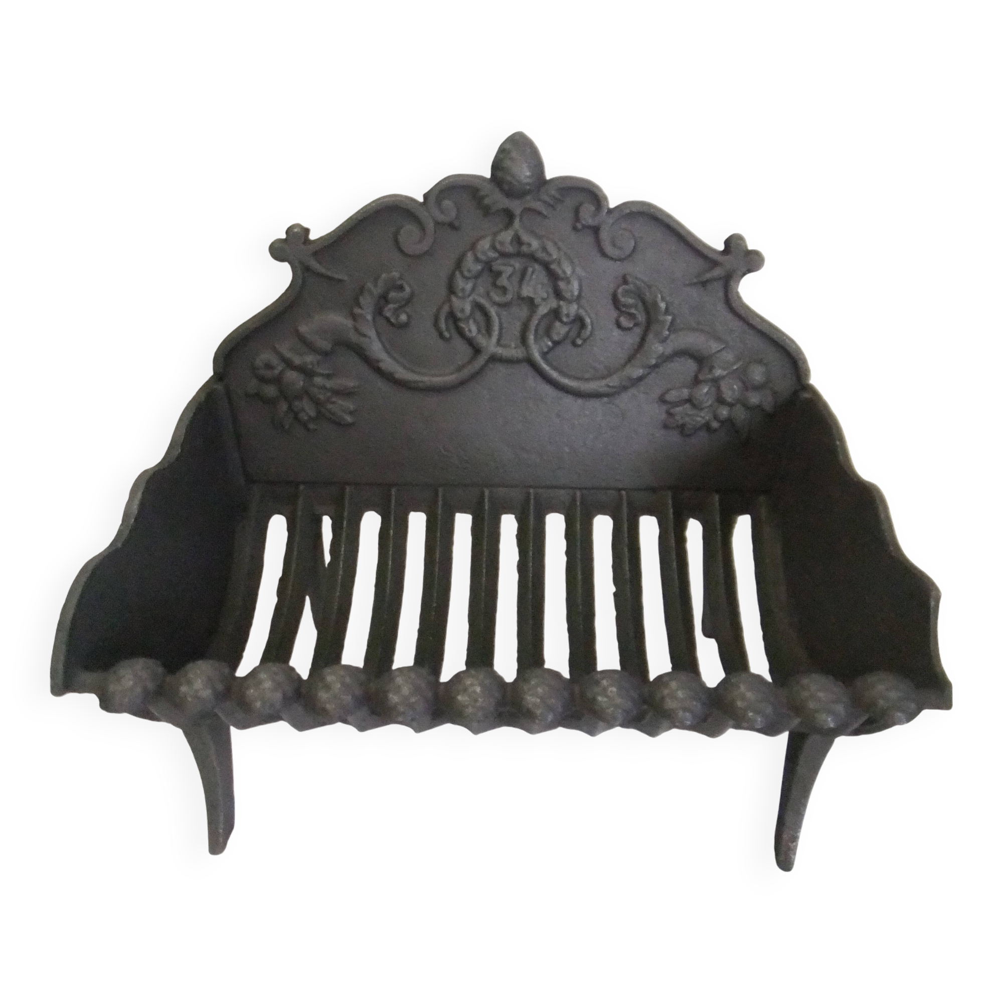 Old cast iron log holder andiron fireplace cornucopia pine cone