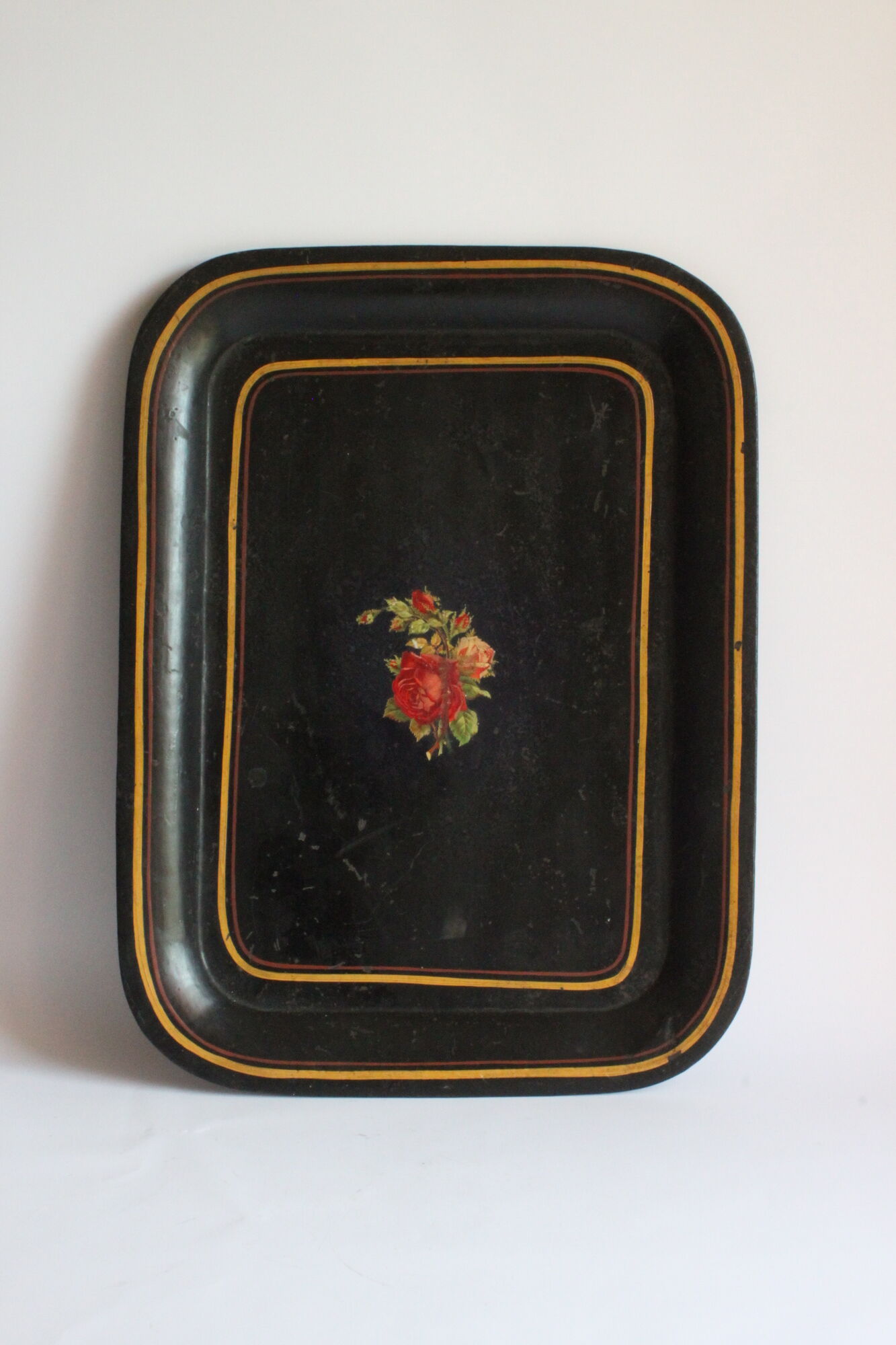 Black toleware painted metal serving tray 19th century