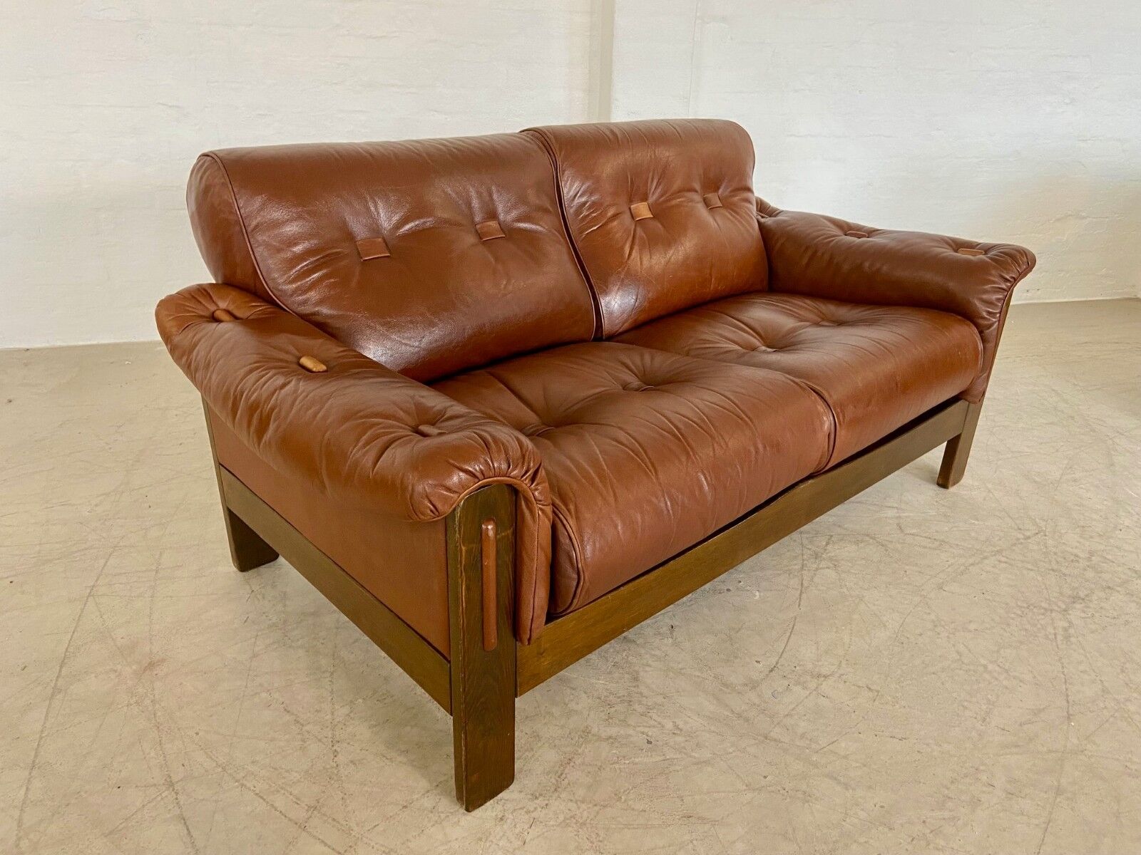 Vintage Danish mid-century cognac brown leather 2-seater Stouby 1970s