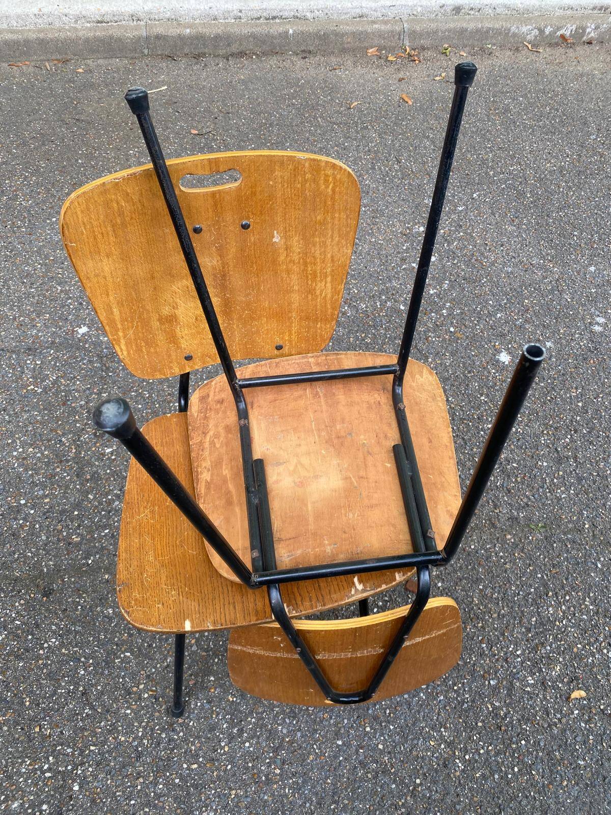 2 workshop chairs in wood and black steel, 1950s
