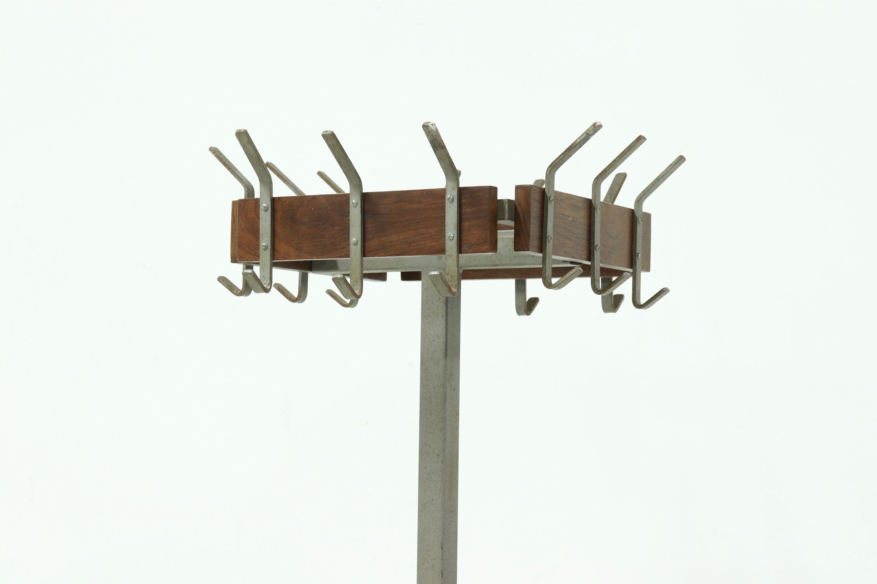 Industrial Belgium Steel and Teak Free Standing Coat Rack 1950s