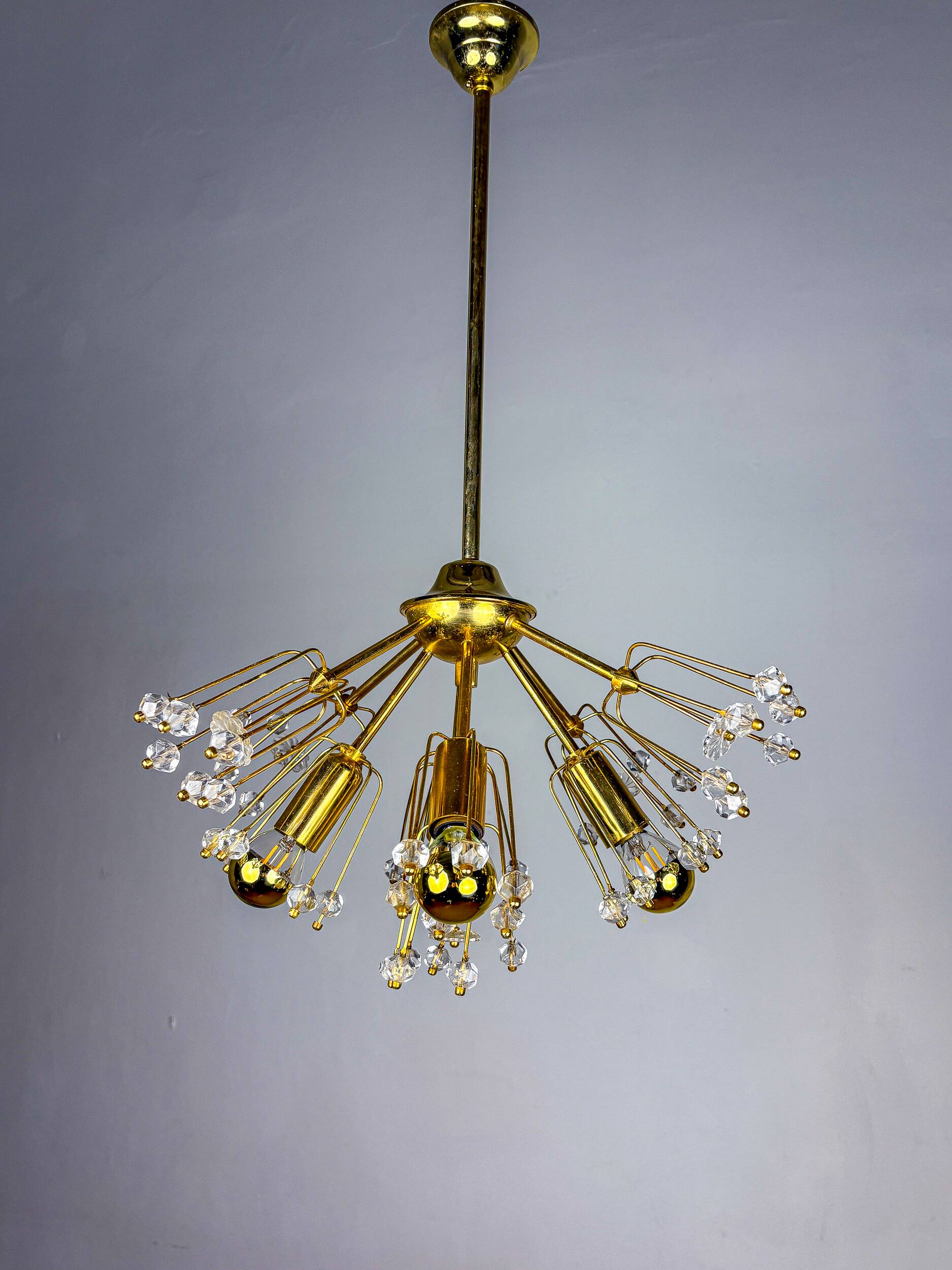 Emil Stejnar Sputnik chandelier for Rupert Nikoll, brass & crystal, Vienna, 1950s