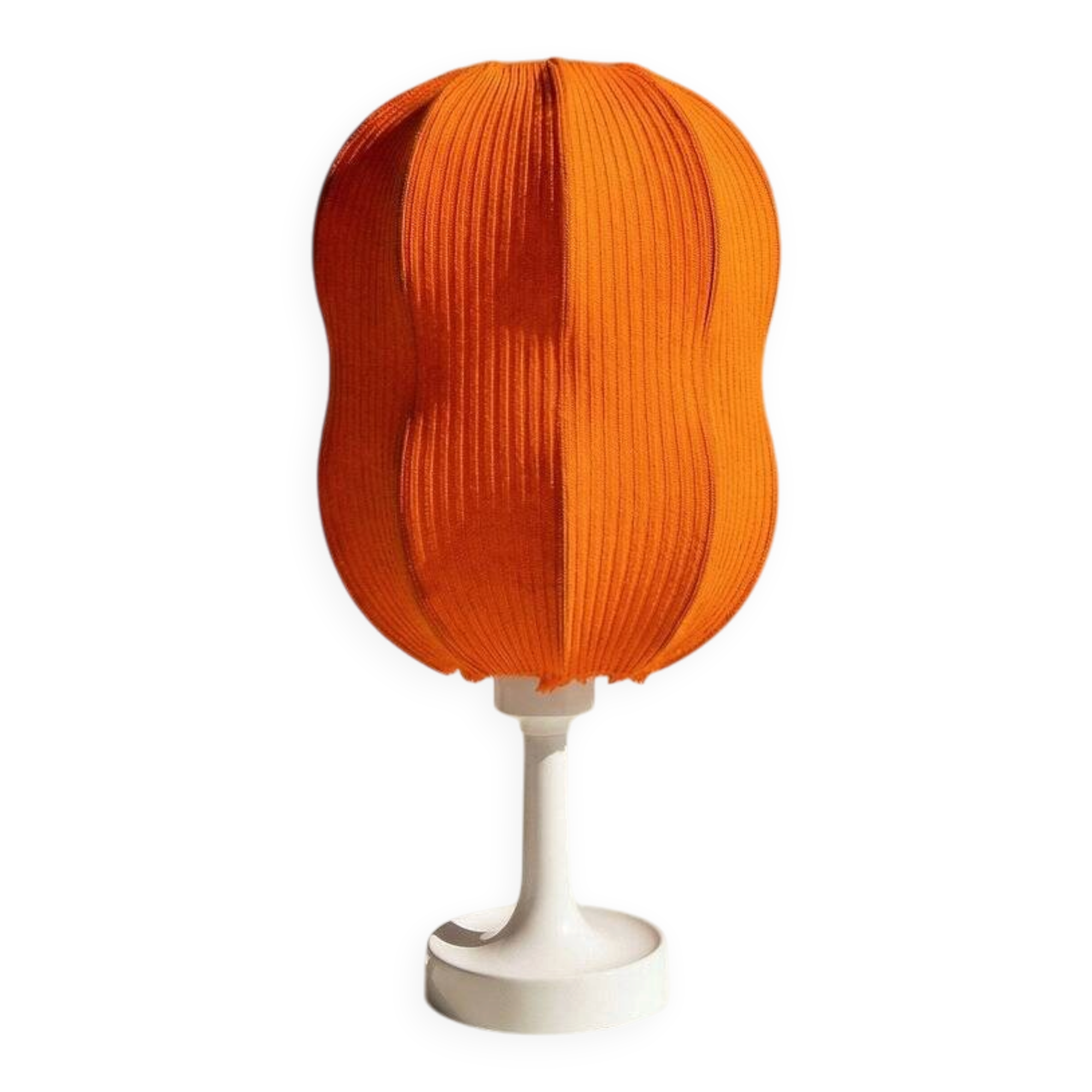 Lamp with a plastic base and a coloured fabric shade in Mid Century style.