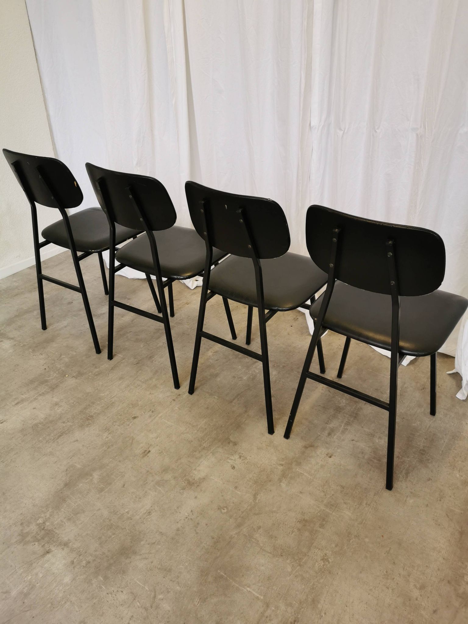 SET of 4 Vintage School Chairs /Black Leather / STOL Kamnik 80s Yugoslavia