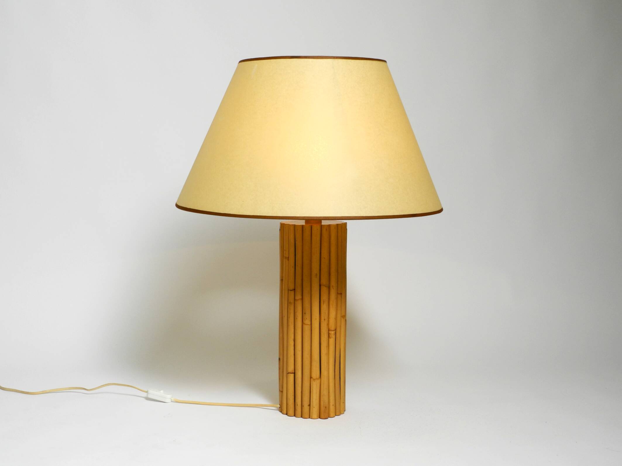 Large 1970s Italian bamboo table lamp with large oiled paper shad