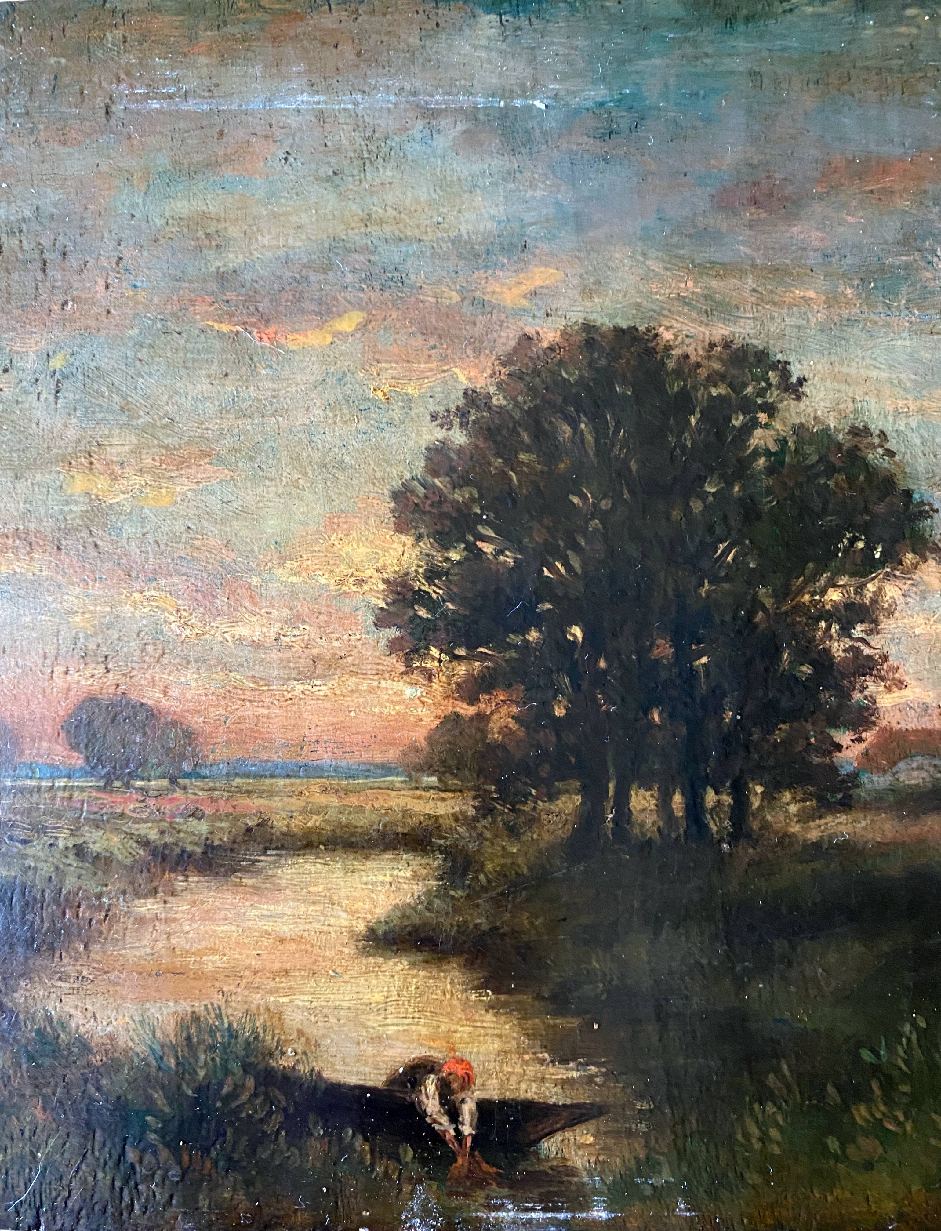 Painting "Landscape with washerwoman" cf. Théodore Rousseau XIX° + frame