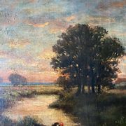 Painting "Landscape with washerwoman" cf. Théodore Rousseau XIX° + frame