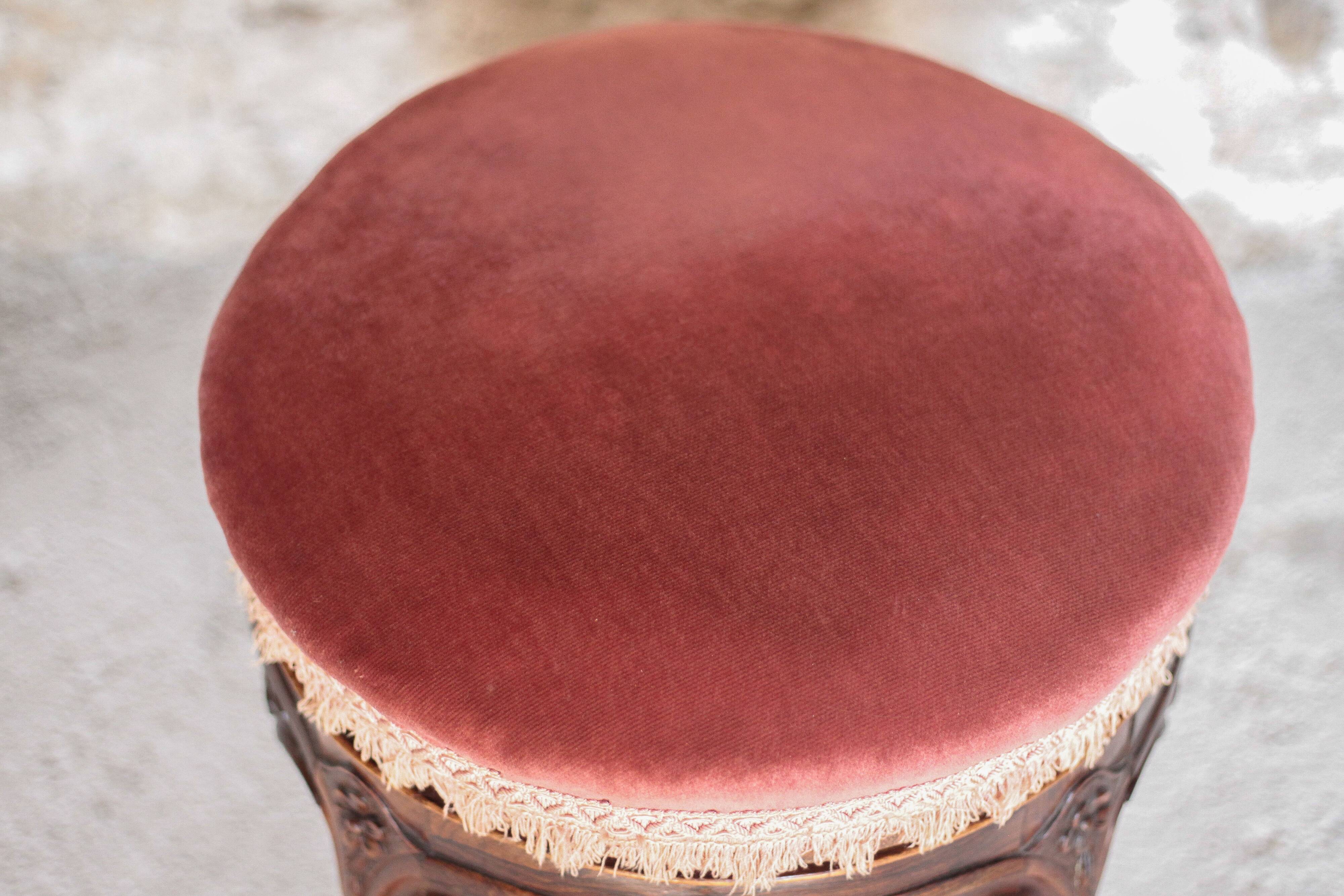 Victorian style stool, wooden and pink velvet stool, piano stool