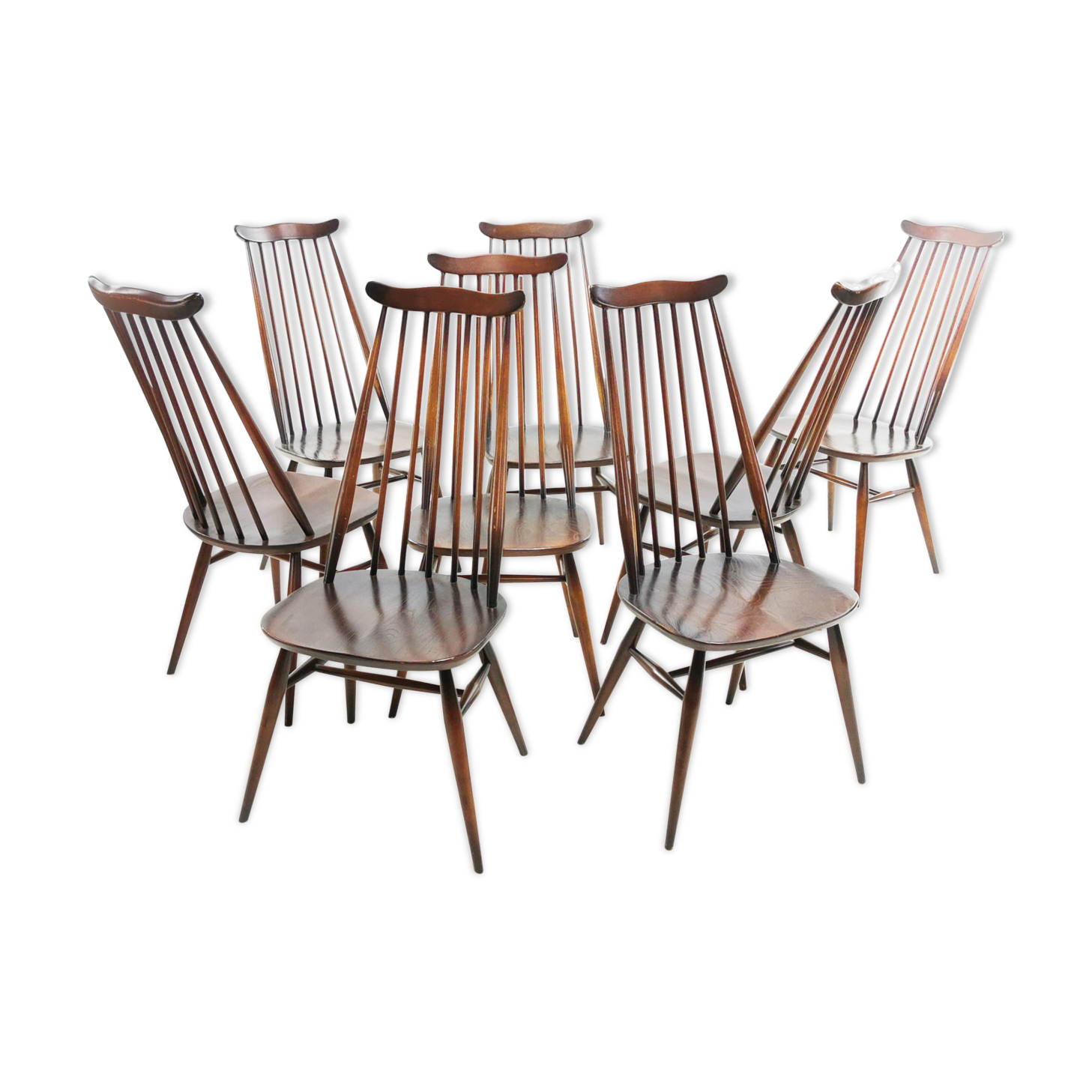 Set of eight vintage Ercol elm & beech Goldsmiths dining chairs mid century