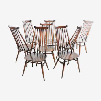 Set of eight vintage Ercol elm & beech Goldsmiths dining chairs mid century