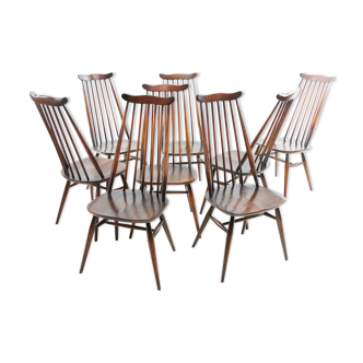 Set of eight vintage Ercol elm & beech Goldsmiths dining chairs mid century
