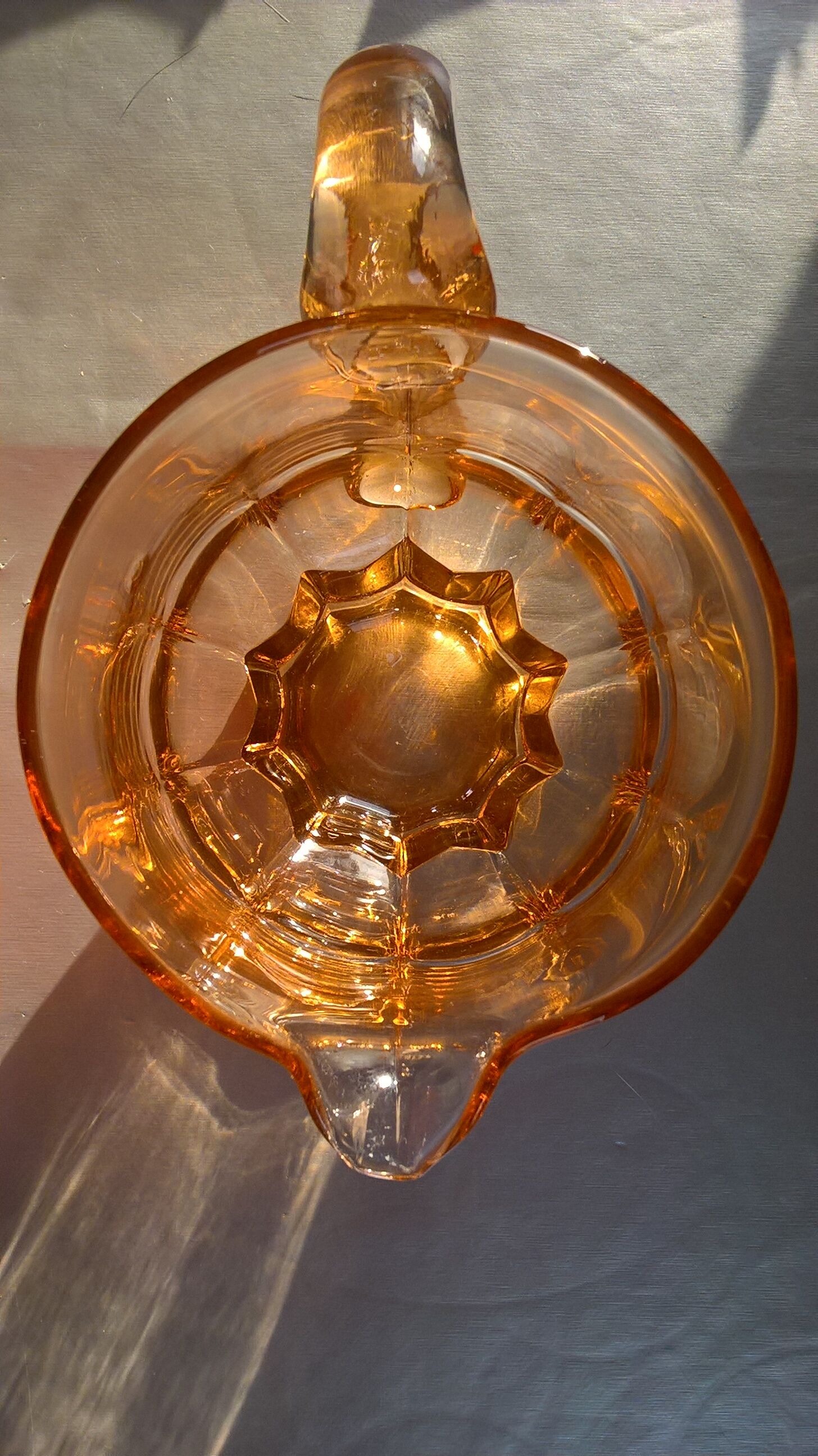 Vintage pink moulded glass water pitcher, 40-50s.