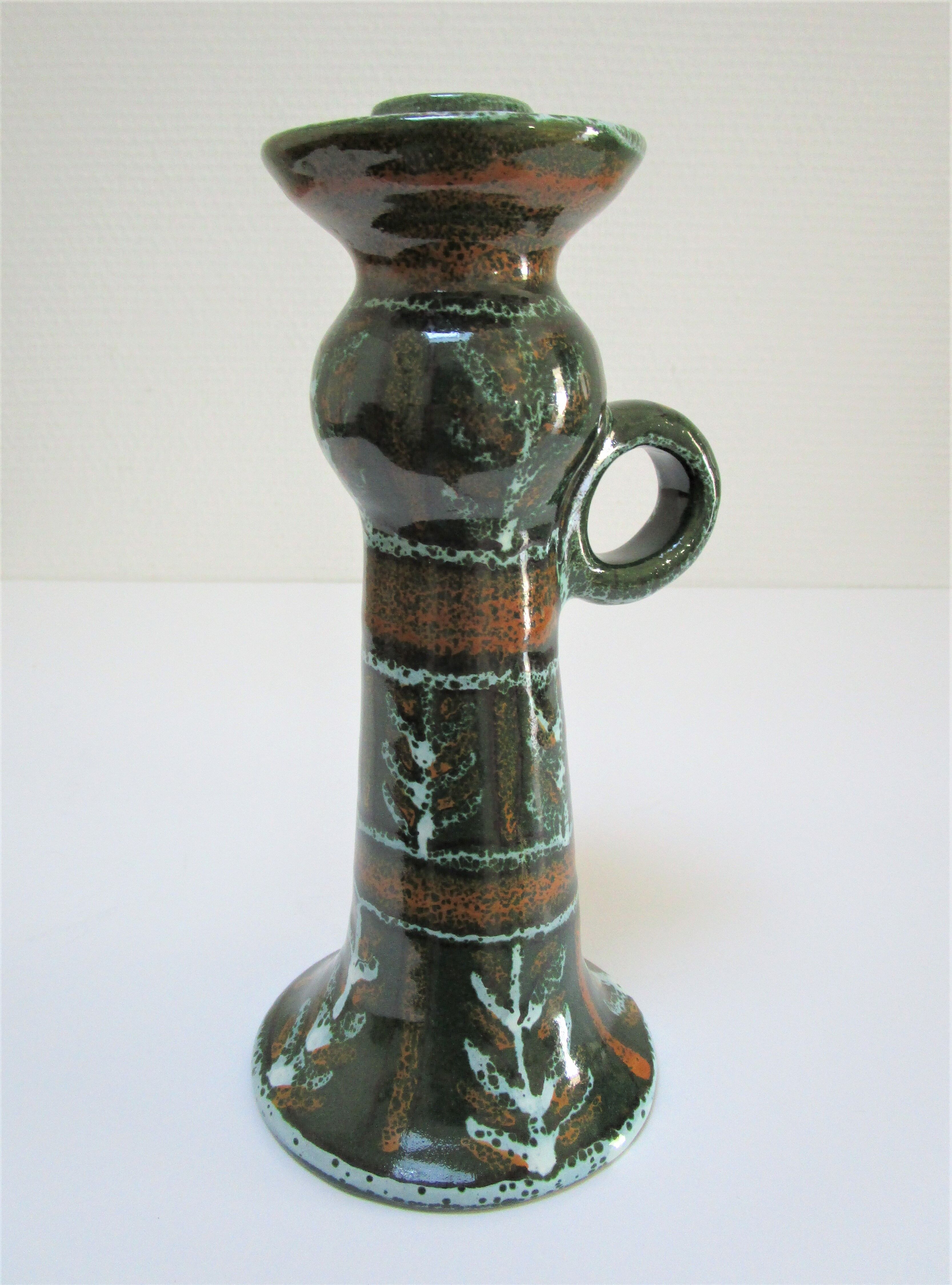 enamelled ceramic candle holder signed "S" plant decoration 70s