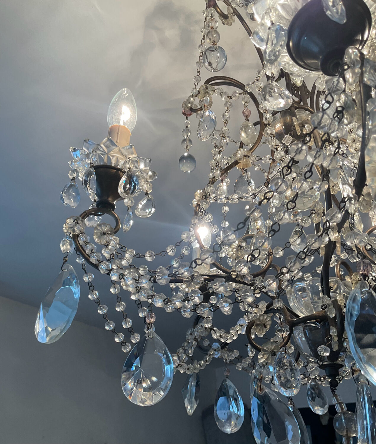 Antique cage chandelier with rock crystal pendants