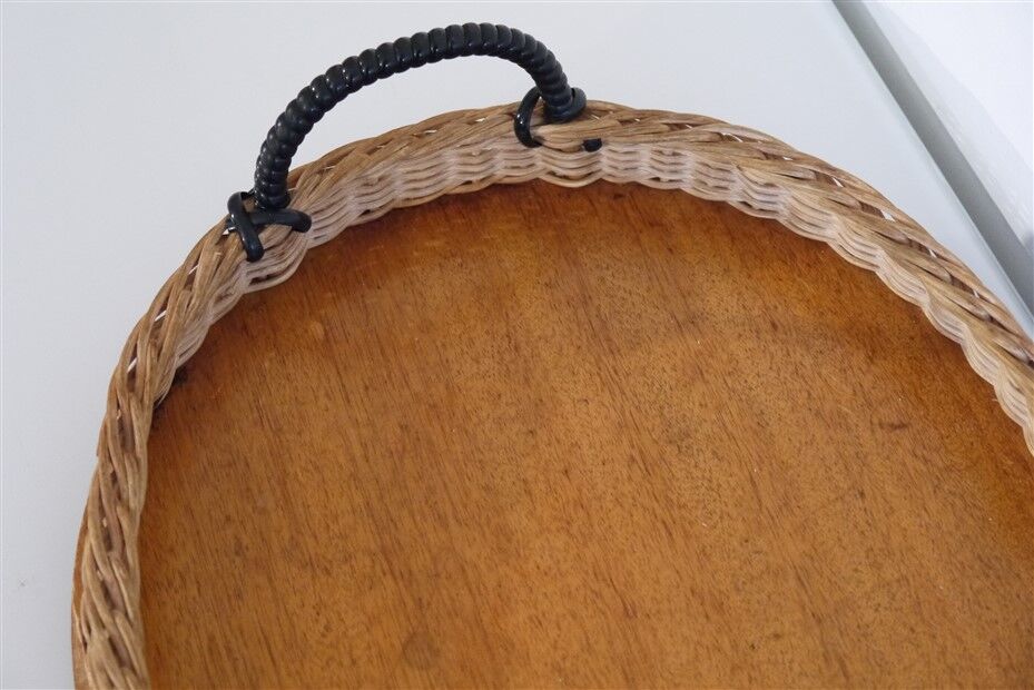Vintage Scandinavian teak and rattan tray 1960