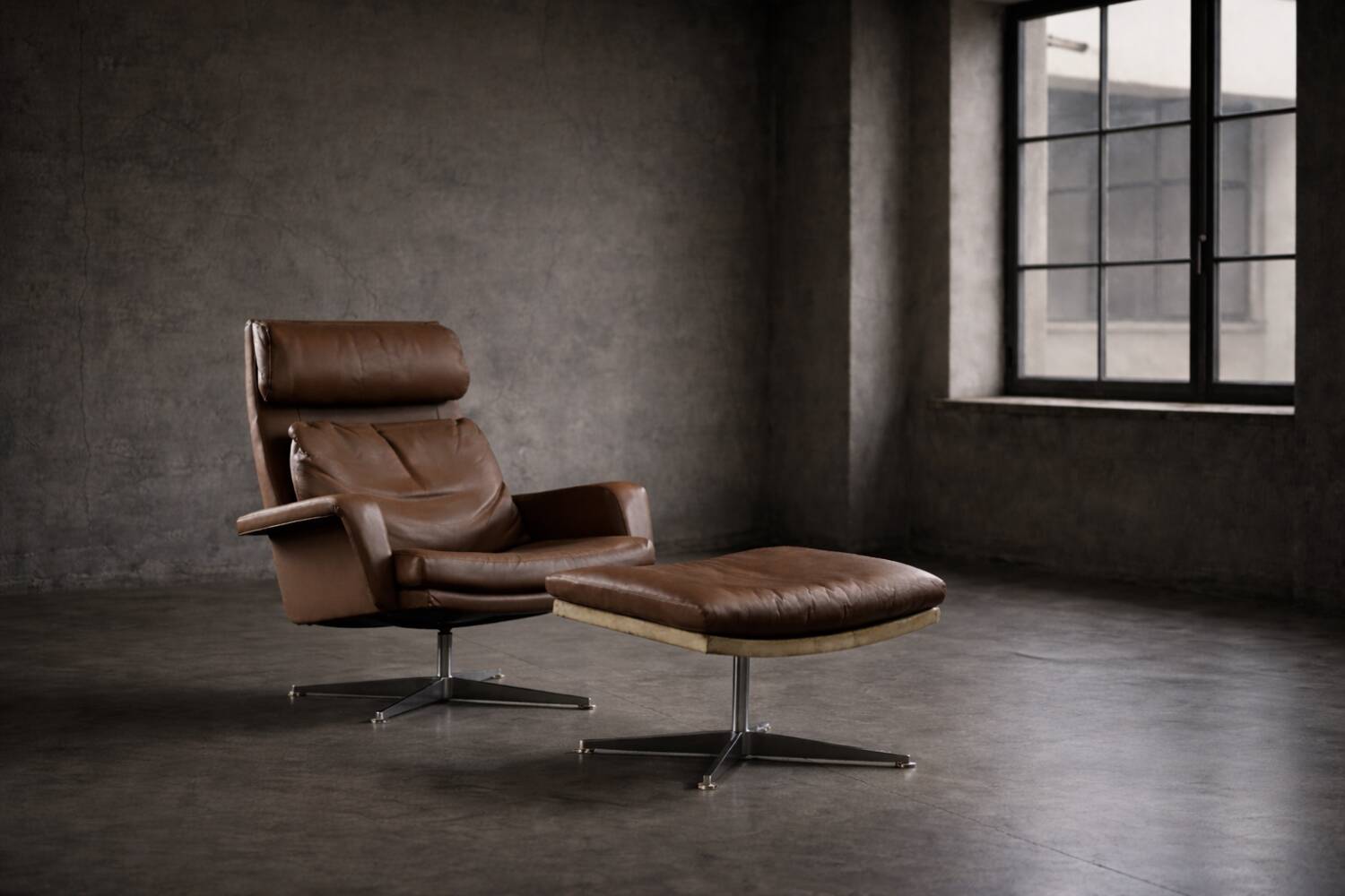 Vintage Mid-Century Danish Modern Brown Leather Swivel Chair and Ottoman