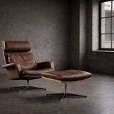 Vintage Mid-Century Danish Modern Brown Leather Swivel Chair and Ottoman